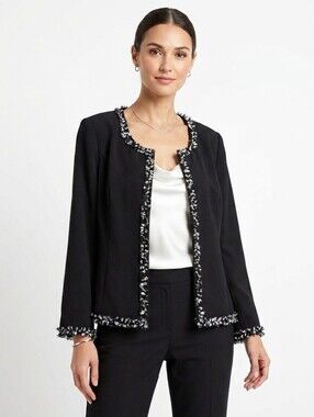 Anna Maxwell Black Open-Front Fringed Trim Blazer Size 24W